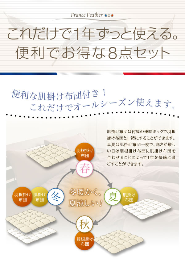 フランス産フェザー100%羽根布団8点セット 和タイプ 激安通販