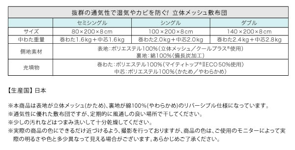 抜群の通気性で湿気やカビを防ぐ! 立体メッシュ敷布団　激安