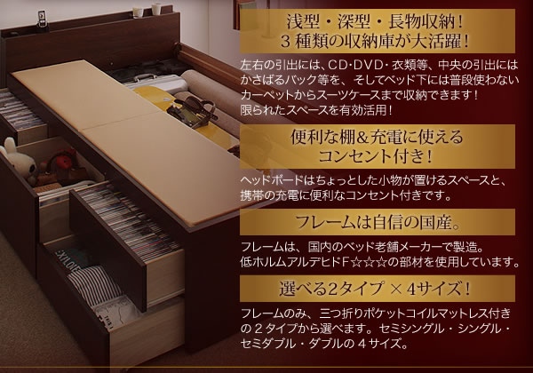 棚・コンセント付きチェストベッド【Taffy】タフィ シングル 説明2