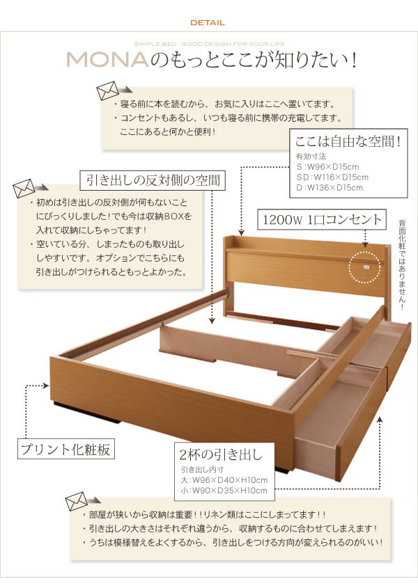 コンセント付き収納ベッド【Mona】モナ 激安通販