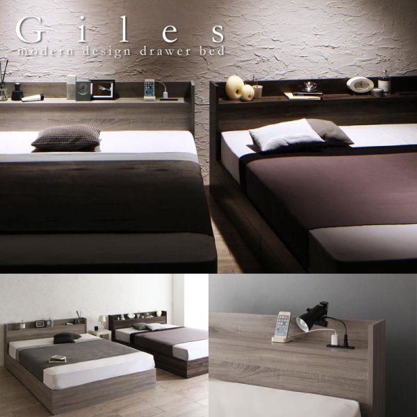 画像1: グレーがおしゃれな引き出し付き収納ベッド【Giles】 ジャイルズ