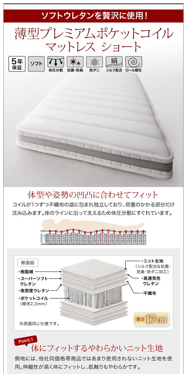 薄型ショート丈プレミアムポケットコイルマットレスの特徴