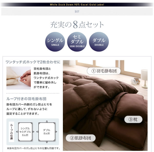 【DOWNPASS認証】フランス産ホワイトダックダウンエクセルゴールドラベル羽毛布団8点セット プレミアム敷き布団タイプの激安通販