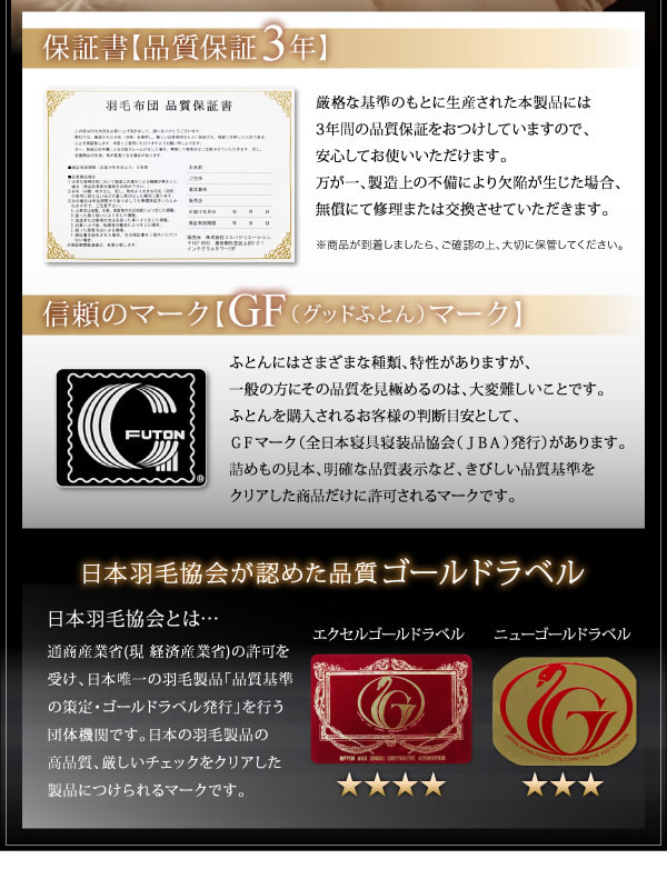 ニューゴールドラベル/エクセルゴールドラベル!高級ホテルスタイル羽毛布団5点セットの激安通販