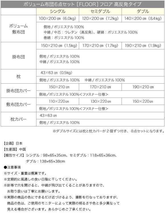 ボリューム布団６点セット【FLOOR】フロア 高反発タイプの激安通販