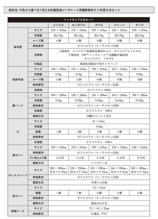 洗える抗菌防臭シンサレート入り布団8点セットの激安通販