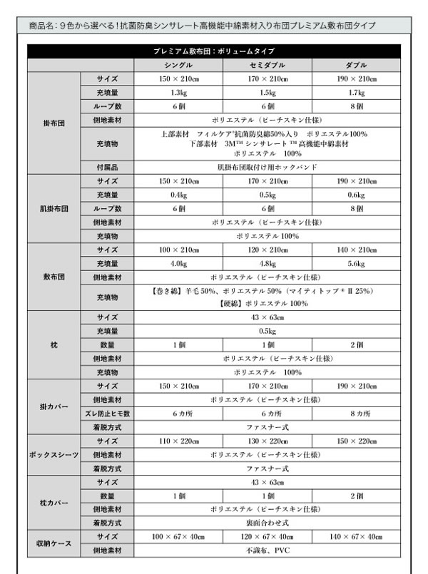 洗える抗菌防臭シンサレート入り布団8点セット　プレミアム敷き布団タイプの激安通販