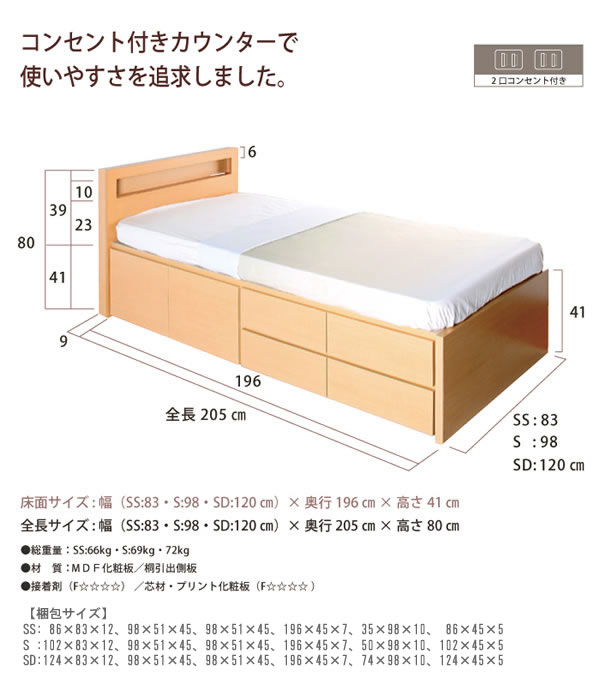 セミオーダー仕様大容量収納チェストベッド【Varier】国産 おしゃれな棚付きの激安通販