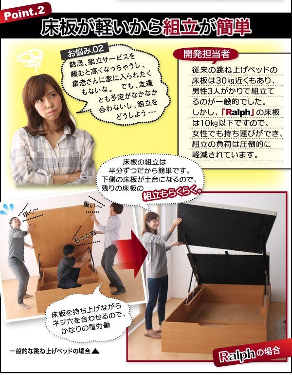 分割床板で搬入が簡単!すのこ仕様跳ね上げ収納ベッド【Ralph】ラルフの激安通販