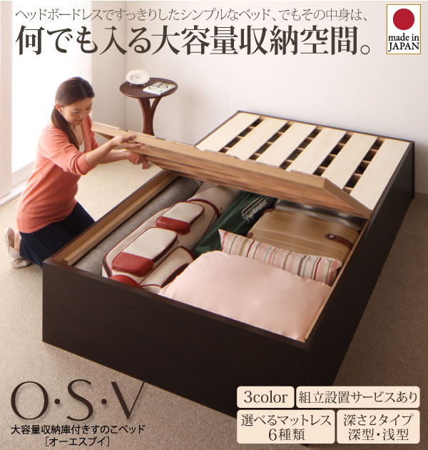 組立設置サービス：日本製：大容量収納庫付きヘッドレスすのこベッド