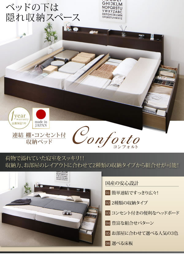 日本製床板仕様が選べるBOX型収納ベッド【Conforto】コンフォルト　連結機能付きの激安通販