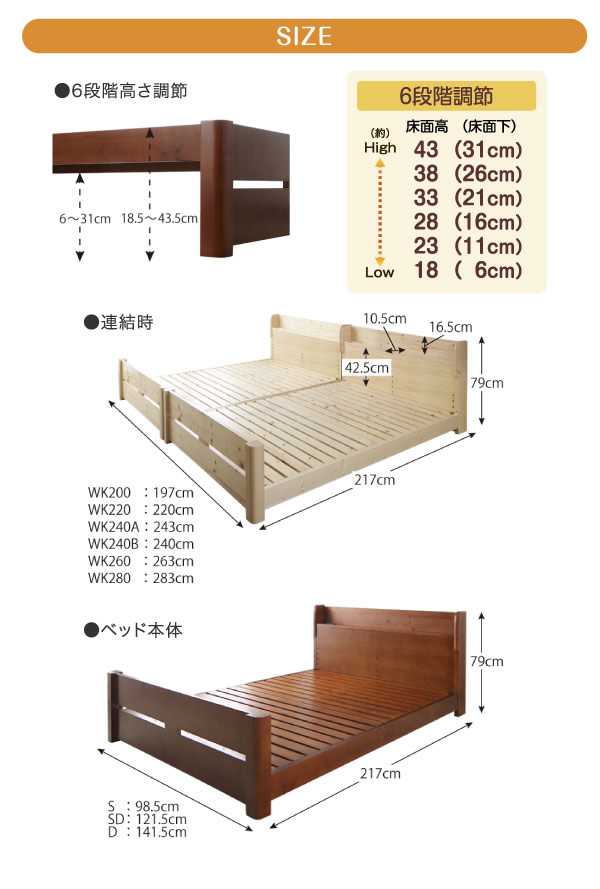 高さ調整・連結機能付きすのこ仕様頑丈ベッド【Fontaine】フォンテーヌの激安通販