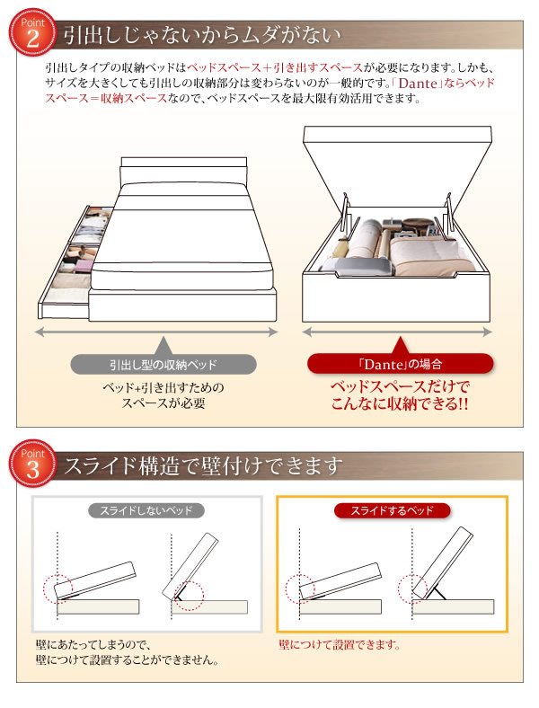 すのこ床板仕様スリム棚付きガス圧式跳ね上げ収納ベッド【Dante】ダンテの激安通販