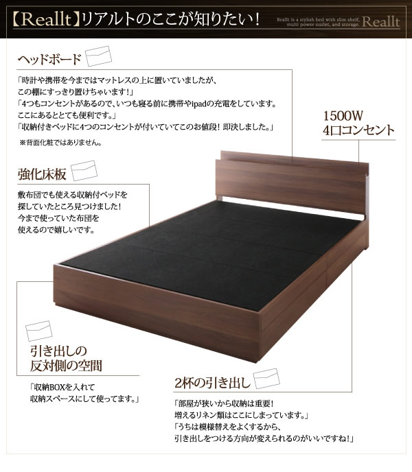 布団対応!スリム棚・4口コンセント付き・収納ベッド【Reallt】リアルトの激安通販