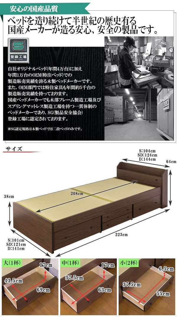 ロングサイズ対応!コンセント付畳チェストベッド【朔夜】畳・フレーム日本製を通販で激安販売