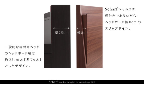 棚・コンセント付きスリムデザイン収納ベッド【Scharf】シャルフを通販で激安販売