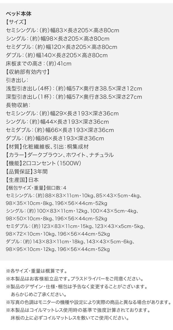 組立設置サービス：日本製：棚・コンセント付きチェストベッド【Meriel】メリエル　激安通販