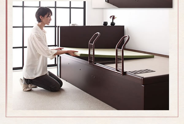 日本製照明・棚付きガス圧式跳ね上げ畳ベッド【月花】を安く購入するなら：【ふかふか布団】